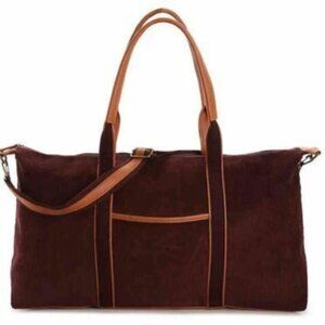 DSW Corduroy Weekender Tote Overnight Travel Bag Burgundy with Cognac Trim